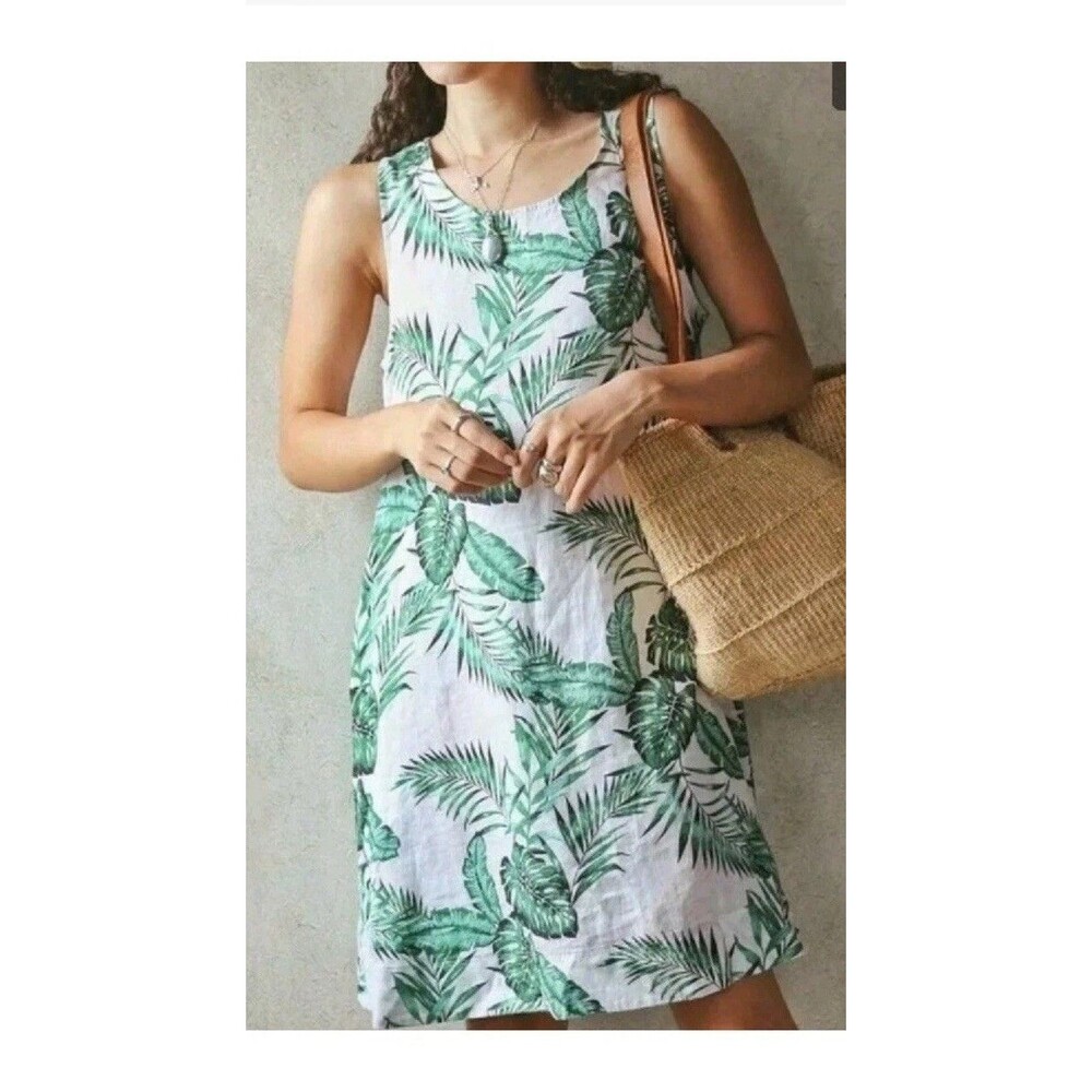 C&C California S 100% Linen Shift A line Dress Costal Beach sleeveless Palm Leaf